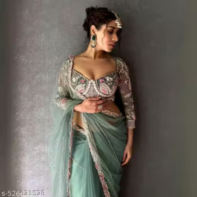 Women's Beautiful Net Saree With Moti Work Unstitched Blouse Piece