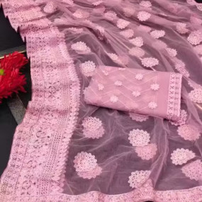 Embroidered Bollywood Net Saree with attach UN-STITCHED Blouse Pis