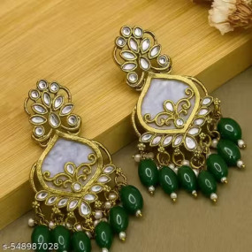 Gold Plated Traditional Kundan Earrings for Women | Ethnic Green Beaded Dangler Jhumka Earrings for Wedding, Festival & Party Wear