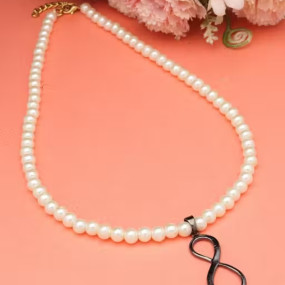 Men Beaded Oxidized Infinity Charm Pendent Pearl Choker Statement Necklace Chain