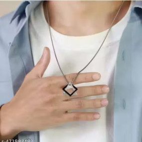 Geometric Black & Silver Stainless Steel Pendant Necklace ? Stylish Chain for Men & Boys