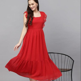 Georgette Jacquard Butti Square Neck Knee Length Western Dresses for Women