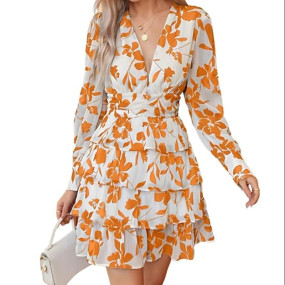 Women?s V-Neck Floral Print Ruffle Long Sleeve A-Line Mini Dress | Elegant Casual Party Outfit | Lightweight Layered Summer Wear
