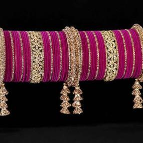 LAVAZZA Premium Gold Plated Metal Latkan Bridal Chuda Set For Women & Girls with Zircon Stone & Pearls Moti | AD Chuda Set | Wedding Chuda Set | Bangles For Women | Punjabi Chooda- Set of 74