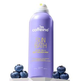 mCaffeine Sun Bath SPF 80+ PA ++++ Body Sunscreen Spray | High UV Protection | Invisible, Non-Greasy, 180 Mins Water/Sweat Resistant Cooling Spray| For All Skin Types | Blueberry Fragrance -100ml