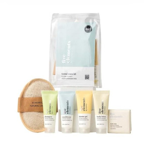 Kimirica Travel Kit Bath set Five Elements Luxury Bath and Body Care Travel Pouch Loofah| 6 in 1 self-care travel kit with a reusable pouch 100% Vegan