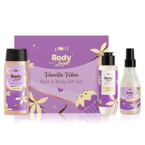 Plum BodyLovin' Vanilla Vibes Bath & Body Gift Set | Wash | Mist | Oil | Long-Lasting Fragrance | For Women | Gifting For Rakhi & Special Occasions| Pack Of 3