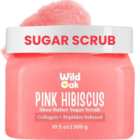 WildOak Pink Hibiscus Sugar Body Scrub | 300g | Kojic Acid, Hyaluronic Acid, Ceramides, Collagen & Peptides | De-Tan & Brightens Dark Areas | Smooths Strawberry Legs & Arms | Hydrates & Exfoliates