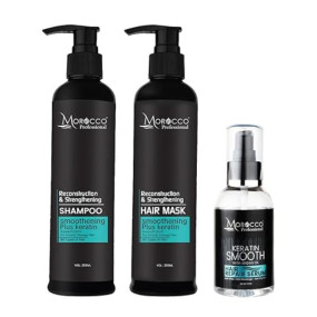 Morocco Professional? Hair Care Set | Reconstruction & Strengthening Shampoo & Hair Mask (250ml Each) + Keratin Smooth Repair Serum (100ml) | Smoothening & Frizz Control | Damaged Hair Repair