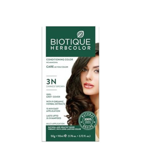 Biotique Herbcolor Conditioning Hair Colour l Ammonia Free Hair Color l 9 Organic Herbal Extracts l Natural and Healthy Shine l 50g + 110ml| Darkest Brown 3N (Pack of 1)