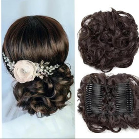 Short Double Combs Messy Curly Wavy Hair Extensions Bun Piece Up Do Drawstring Ponytail Clip in Comb Hair Extensions Chignon, Brown Color