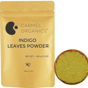 CARMEL ORGANICS Indigo Leaves Powder (340 Grams) ? Natural Hair Colorant for Black/Brown Hair, Includes Gloves & Hair Cap, No Added Colors or Preservatives, Avuri Akulu, Indigofera Tinctoria