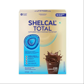 Shelcal Total - Powered by Protein, Multi-Vitamin, Multi-Mineral & Prebiotic supports Bone, Joint & Muscle, Immunity, Gut Health and more - No Added Sugar (Dark Chocolate) 200g - By Torrent Pharma