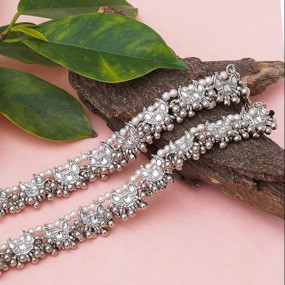Silver Pearl and Kundan Studded Anklet for Women