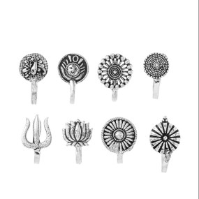 Beautiful Classic Designs Non- Piercing 8 Pcs Combo Nose Ring for Women (Oxidized Silver) (YCTJNP-01OXD8PS-SL)