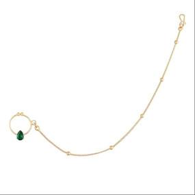 Gold Plated Traditional Ethnic Bridal Nose Ring/Nath without piercing with Pearl Chain Encased with Stone for Women/Girls (NL44)