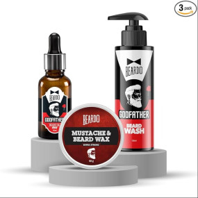 Beardo Grooming Kit for Men ? Beard Wash, Beard Oil & Mustache Wax | Purifying, Hydrating & Styling Beard Care Combo | Non-Sticky Formula for Smooth, Shiny Beard ? Pack of 3