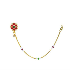 KYOOT JEWELS Traditional Gold-Plated Bridal Nath Cubic zirconia, Ruby Stone & Emerald Studded Gold Chain Non-Pierced Clip-on Nathiya For Women and Girls
