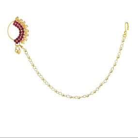 Nose Ring with Pearl Chain without Piercing Gold Plated CZ Ruby Besar Traditional Nath Clip For Women