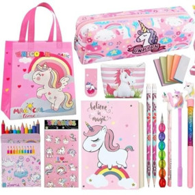 TOOYEP 15 Pcs Unicorn Gift Combo Set For Girls Kids Unicorn Theme Gift Bag Stationery Set Age 6-8 Years 10-12 Year I Diary, Stickers, pen, pouch, scale, badge, Eraser, Wallet & Carry Bag
