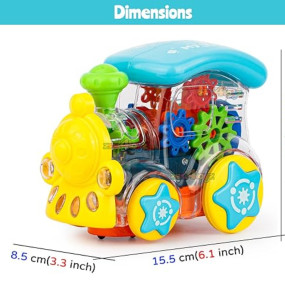 Zest 4 Toyz Gear Toys Kids Transparent Gear Train Engine Musical Sound Toy with Lights Bump and Go Toys for Boys Girls (Pack of 1) Multicolor