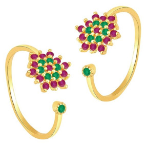 Peora Gold Plated Rani Pink Green Cubic Zirconia Studded Stylish Toe Ring Adjustable Bichiya Fashion Jewellery