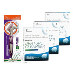 Densive Antimicrobial Denture Cleanser Tablets (30 count Pack of 3) with Color-Changing Technology for Effective Cleaning and CASTUS Manual Denture Brush (pack of 1) (combo pack