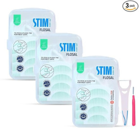 STIM Flosal ? Dental Floss Pick & Toothpick | Dual-Action Oral Hygiene Tool | Right-Angle Design for Molars | Plaque & Food Remover | Dentist Recommended | Pack of 3