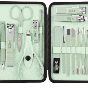 Beaut? Secrets Nail Cutter Set, 18 Pieces Grooming Kit (Eyebrow Razor, Tweezer, Hair Plucker, Baby Nail Cutter, Ear Cleaner,Nail Cleaner,) Pedicure Gift for Men and Women (Green)