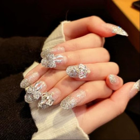 Secret Lives? acrylic press on nails designer artifical nails extension silver glitter 3D crown bow 24 pieces set with glue sheet