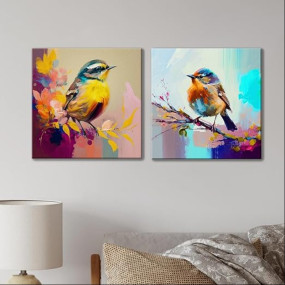 Painting Mantra Stretched Canvas Painting of Colorful Birds Art for Wall Decoration, Home, Office, Living Room D?cor (Size: 12x12 Inch, Set of 2)