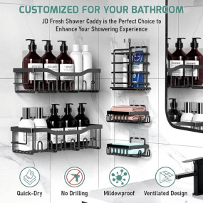 JD FRESH 5 in 1 Self Adhesive Shelf Organizer Combo/Metal Racks and Shelves for Wall/Stand for Bathroom Without Drill/Soap Holder with Tooth Brush Holder/Bathroom Accessories(Black)