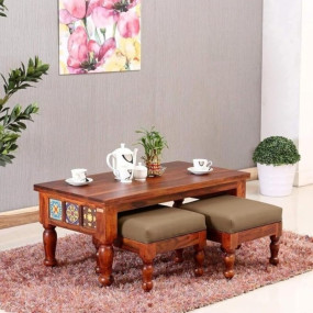 Rama Woodcraft Solid Sheesham Wood Center Coffee Table Set with Two Accompanying Stools, Nesting, End Table, Furniture for Living Room, Drawing Room, Hall, Bedroom, Office