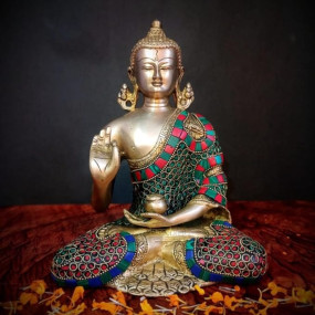 Sudarshan Arts 23cm Buddha Statue with Stone Work Sitting Buddha Idol Statue for Home Decoration, Buddhist Temple Altar Yoga Studio Meditation Room Decor.