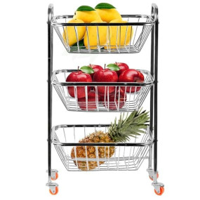 WayMore? Stainless Steel 3-Tier Rack Fruits and Vegetable Onion Trolley Container Basket Organizer Organiser Holder Stand for Kitchen with Wheel Potato Tokri (3 Layer Trolley)
