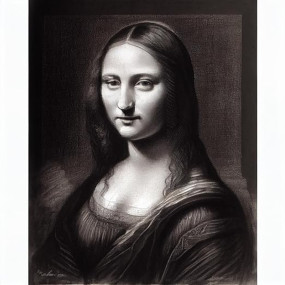 ArtsIndia Contrasting Beauty White Pencil Sketch Portrait of Mona Lisa on Black Background (Material: Gloss, Size: 18" x 18", Style: Framed)