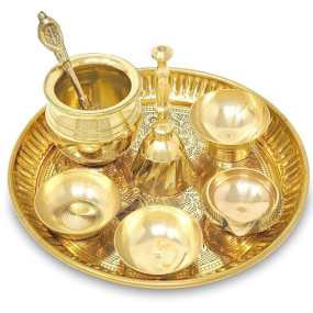 BENGALEN Brass Pooja Thali Set Small 6 Inch Puja Thali with Pital Plate Chandan Wati Kalash Kuber Diya Ghanti Palli Arti Thali for Diwali Home Office Mandir Wedding Return Gift Items