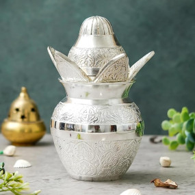 Webelkart Premium Plated Pooja Kalash with Coconut for Pooja Decor with Red Velvet Box/Swastik Kalash for Puja Temple Home Decorative Item/Diwali Gift Item/mangal Kalash (Silver)