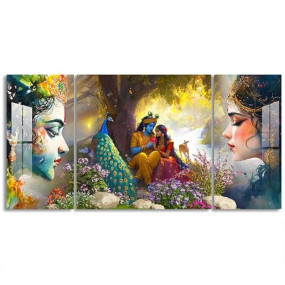 FIVE KRAFT Radha Krishna Wall Painting Set of 3 ? Wall Art with Peacock & Nature for Home Decor Living Room, Bedroom & Pooja Room | 32x16 Inches