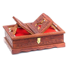 Santarms Wooden Holy Book Box with Foldable Rehal Stand ? Brown | Storage and Reading Holder for Quran Sharif, Geeta, Bible, Guru Granth Sahib and Other Sacred Texts