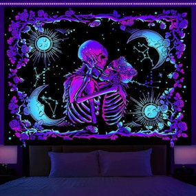 HASTHIP UV Luminous Skull Tapestry, UV Reactive Glow in The Dark, The Kissing Lovers Tapestry, Skeleton Wall Art for Bedroom Living Room, Wall Hanging Decor (51inch x 59inch) Polyester