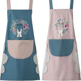 SHIGOSHREE Kitchen Apron Set with Front Pocket, Floral Bunny Design, Waterproof, Blue and Pink, 2-Pack