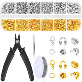 SANNIDHI? 1200Pcs Crimp Beads for Jewellery Making Kit, Includes Gold Silver Bracelet Clasps and Closures, Crimp Covers/Tubes/Ends, Jump Rings, Pliers, Tweezer & Beading Wires for DIY Necklace Jewelry