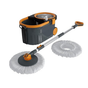 Bonkaso Spin Mop with Stainless Steel Wringer & Big Wheels | 360? Rotating Mop, Adjustable Handle | Easy Floor Cleaning Bucket Set with 2 Microfiber Refills ? Grey & Orange (46 x 26.5 x 23 cm)