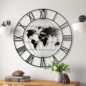 Click to see full view   VIDEO     2+ Nubilous Large World Map Wall Clock, Metal Minimalist Modern Clock, Round Silent Non-Ticking Battery Operated Wall Clocks for Living Room/Home/Kitchen/Bedroom/Office/School Decor (Black(DA-3), 40CM)