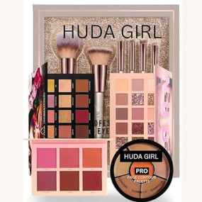 HUDA GIRL Makeup Kit for Women - Combo Of 3in1 nude Concealer Palette, Nude & Rose Gold Eyeshadow Palette with 4in1 Professional Brush and Touch Blush Palette