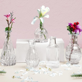 ABOUT SPACE Glass Bud Flower Vase ? Pack of 5 Clear Glass Centrepiece for Mini Flowers-Antique Collections for Wedding Decorations Sturdy Textured Drop Shape Table Top Decor for Home, Restaurants