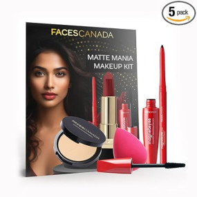 FACESCANADA Matte Mania Makeup Kit - Kajal (0.35g) + Lipstick (4.2g) + Compact (9g) + Mascara (9.5ml) + Beauty Blender | Pack of 5 | Makeup Kit For Women