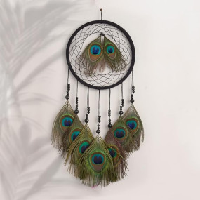 THE URBAN ARTISTIC Wooden Peacock Feather Dream Catcher for Positive Energy Decorative Showpiece Wall Hanging, Wall decor , Bedroom, Living Room Decor, Wall Vastu (18/45 cm) Black