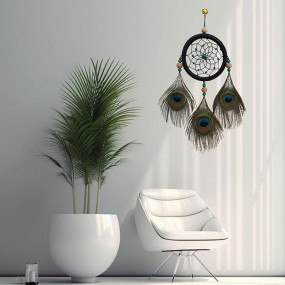 THE URBAN CRAFTIQUE Handcrafted Peacock Feather Dream Catcher, Green with Beads, Wall Hanging Decor for Car, Bedroom and Living Room(Black)